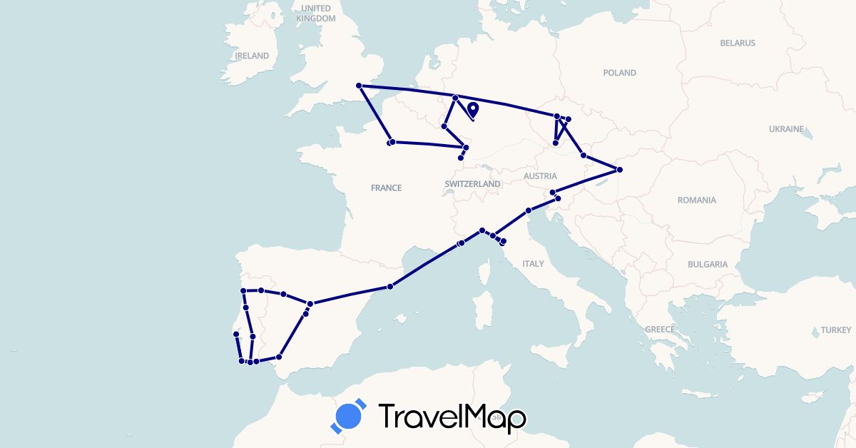 TravelMap itinerary: driving in Austria, Czech Republic, Germany, Spain, France, United Kingdom, Hungary, Italy, Luxembourg, Monaco, Portugal, Slovenia (Europe)